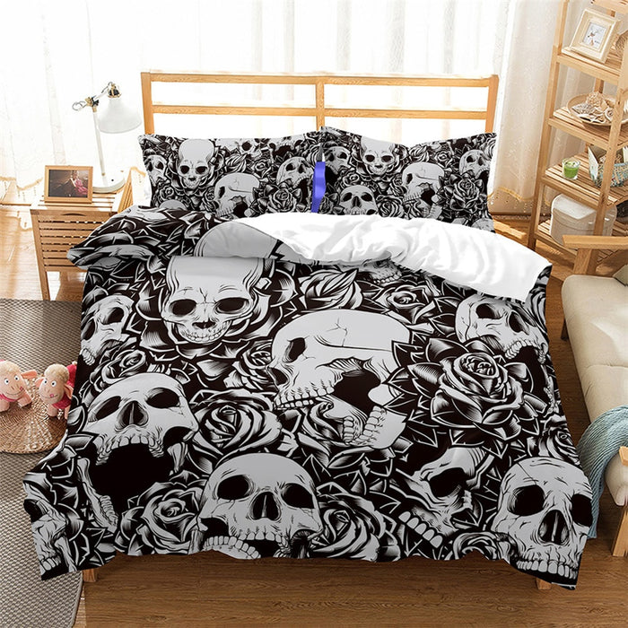 3pcs 3D Print Skull Rose Bedding