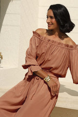 Vittoria Frill Trim Off Shoulder Long Sleeve Top Coffee