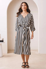 Francesca Striped Midi Dress Black and Ivory