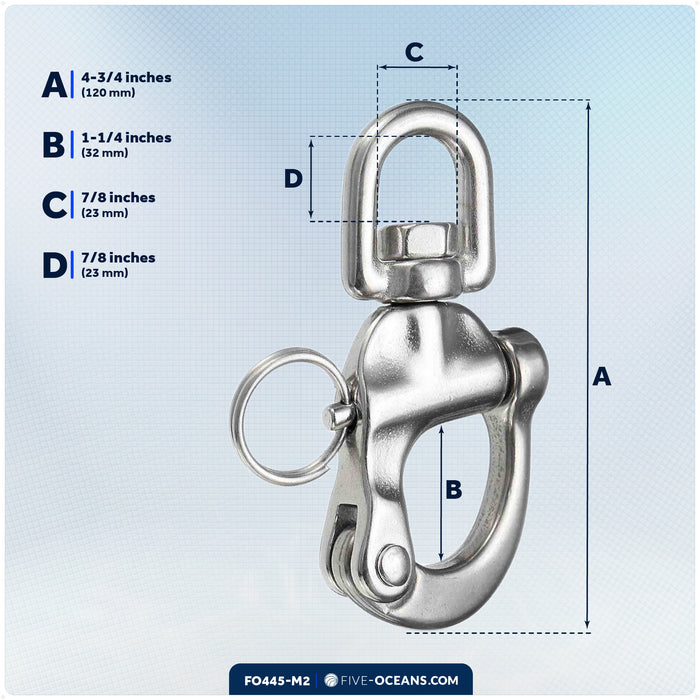 5" Pin Release Snap Shackle with Swivel Eye, AISI316 Stainless Steel, 2-Pack - FO445-M2 - Five Oceans