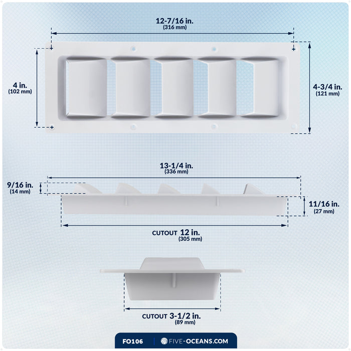 5-Slotted Louvered Ventilators, 13-1/4" x 4-3/4", White - FO106 - Five Oceans