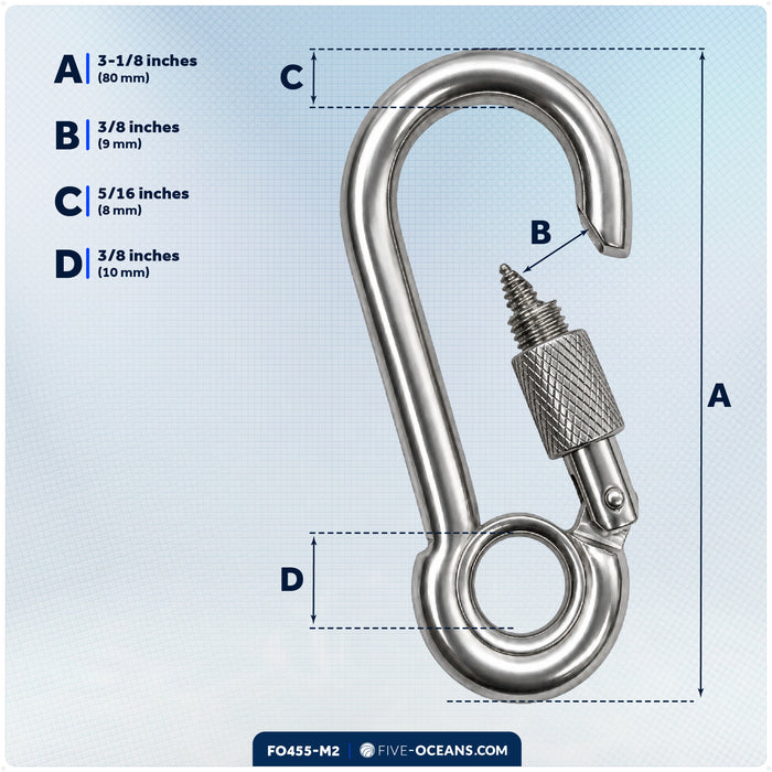 5/16" Snap Hook with Screw Nut & Eyelet, AISI316 Stainless Steel, 2-Pack