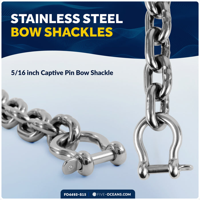 Anchor Chain 5/16" x 15' with 2 Shackles, HT G4 Stainless Steel - FO4493-S15 - Five Oceans