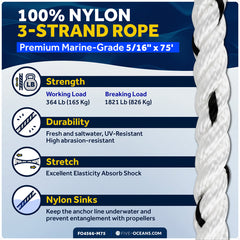 5/16" x 75' Premium 3-Strand Nylon Line, White with Black Tracer - FO4566-M75 - Five Oceans