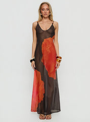Carita Sheer Chiffon Maxi Dress Brown / Orange Floral