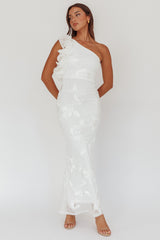 Deanna One-Shoulder Ruffle Maxi Dress Floral Texture White
