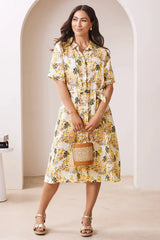 Positano Floral Mid Sleeve Collared Linen Midi Dress