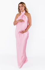 Jasmine Halter Maxi Dress ~ Light Pink Luxe Satin