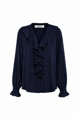 Alyssa Ruffle V-Neck Long Sleeve Top Navy - Pre Order