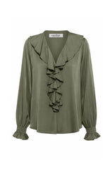 Alyssa Ruffle V-Neck Long Sleeve Top Olive