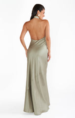 Jasmine Halter Maxi Dress ~ Moss Green Luxe Satin