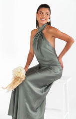 Jasmine Halter Maxi Dress ~ Deep Sage Luxe Satin