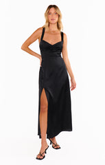 Mina Midi Dress ~ Black Luxe Satin