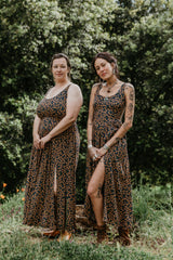 Long Agnes Dress in Blue & Brown Floral Crepe