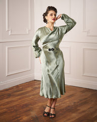 1930s Joanie Bias Cut Dress - Sage Green Satin