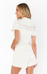 Outlaw Romper ~ White Rhinestone Fringe Denim