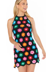 Happy Halter Mini Dress ~ Multi Black Flower Crochet