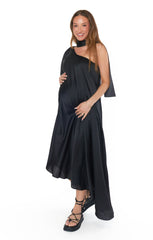 Rhea One Shoulder Dress ~ Black Luxe Satin