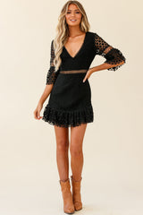 Believe It Crochet Detail Fluted Hem Dress Black
