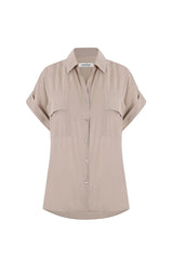Vittoria Short Sleeve Collared V-Neck Shirt Taupe