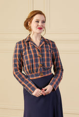 1930s Amelia Blouse - Navy and Orange Plaid