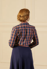 1930s Amelia Blouse - Navy and Orange Plaid