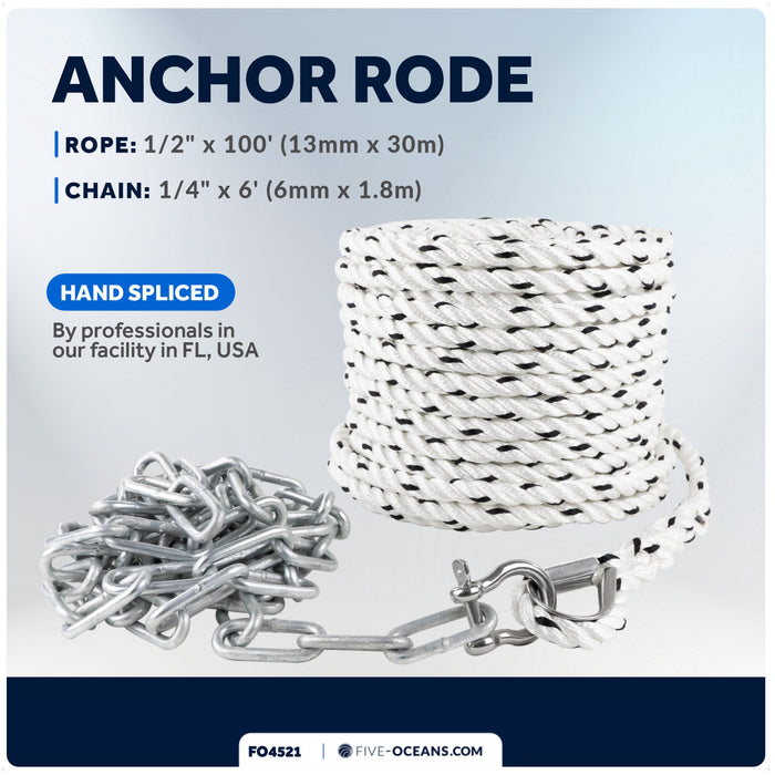 Anchor Rode, 1/2" x 100' Rope with 1/4" x 6' Galvanized Chain - FO4521 - Five Oceans