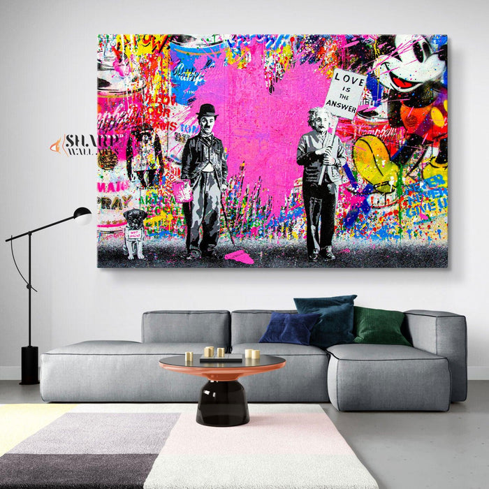 Banksy Charlie Chaplin And Albert Einstein Graffiti Wall Art Canvas - SharpWallArts
