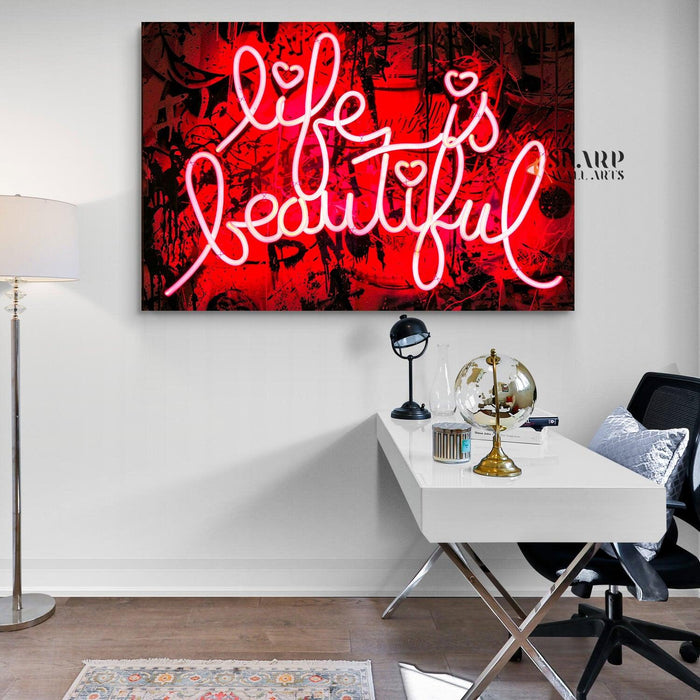 Banksy Life is Beautiful Neon Sign Canvas Wall Art - SharpWallArts