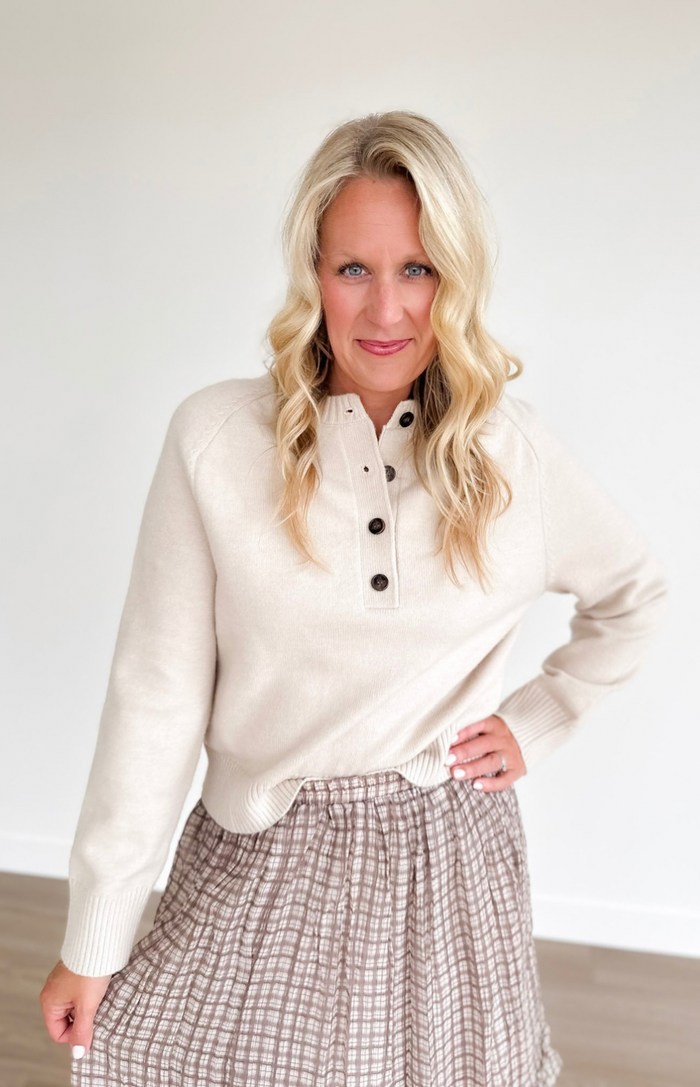 Beige 1/2 Button Long Sleeve Sweater