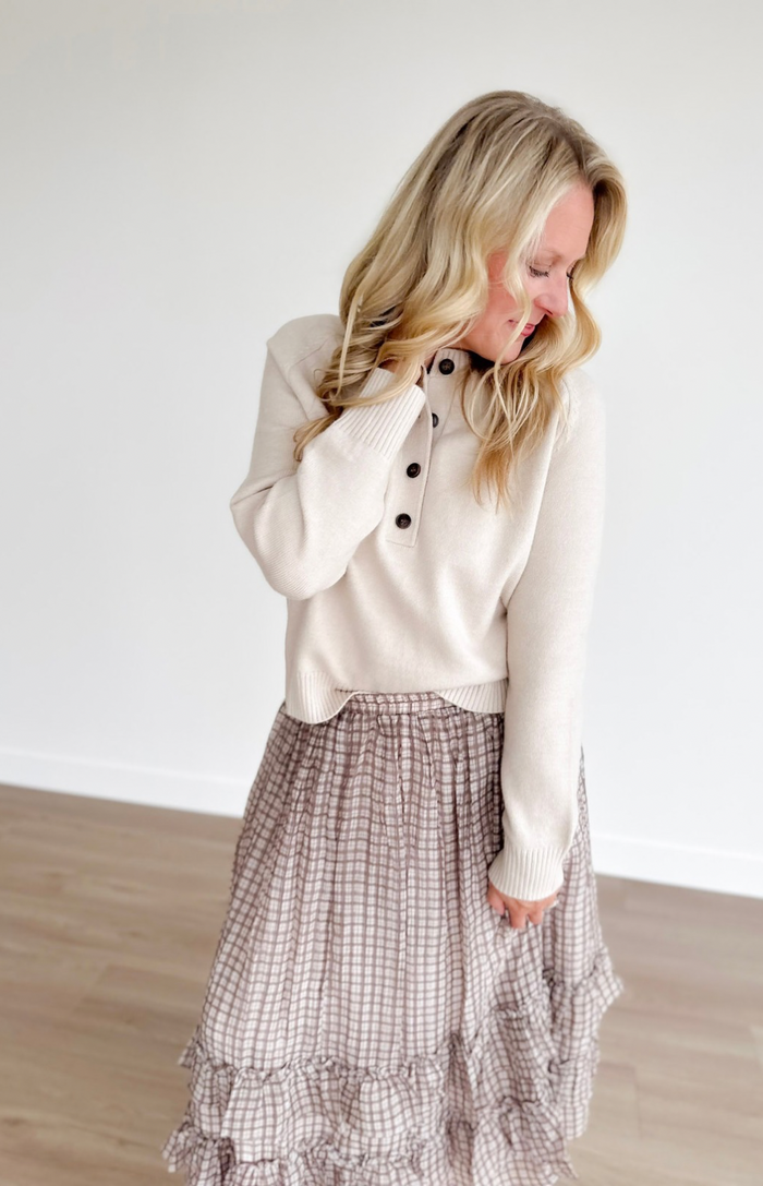 Beige 1/2 Button Long Sleeve Sweater