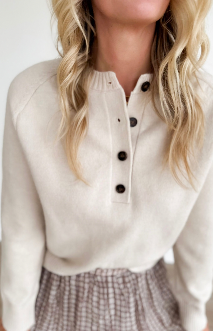 Beige 1/2 Button Long Sleeve Sweater