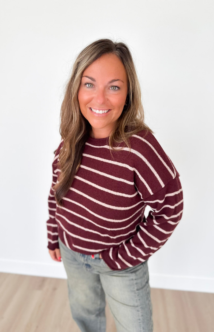 Burgundy Textured Knit Striped Sweater