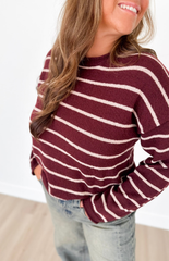 Burgundy Textured Knit Striped Sweater