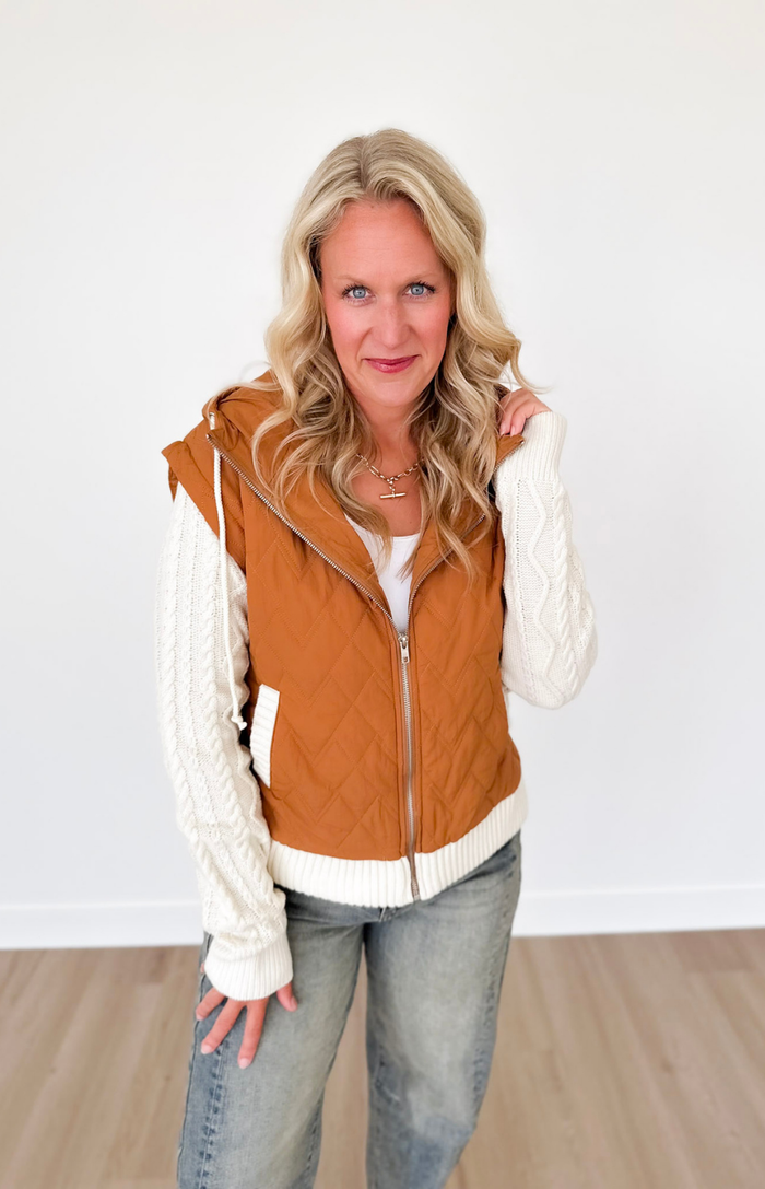 Camel Zip Up Vest with Sweater Sleeves