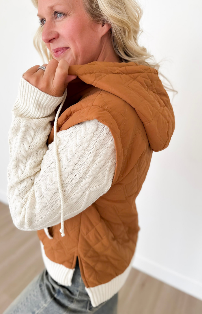 Camel Zip Up Vest with Sweater Sleeves