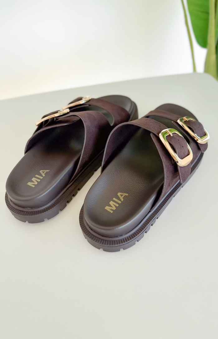 Chocolate Double Strap Suede Slide Sandal