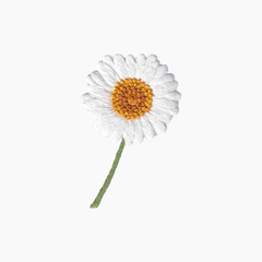 Hand embroidered cotton boutique tissue box cover of white daisy flower with a yellow center and green stem on a white background