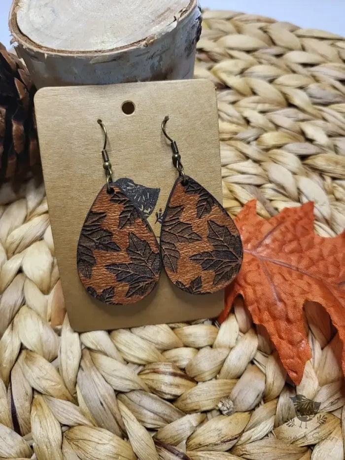Engraved Maple Leaf Wood Earrings - Premium from Sugar and Spice Invitations - Just $11.25! Shop now at Sugar and Spice Paper