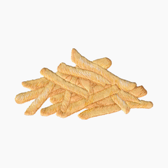 Hand embroidered cotton towel with stack of golden-brown french fries on a white background
