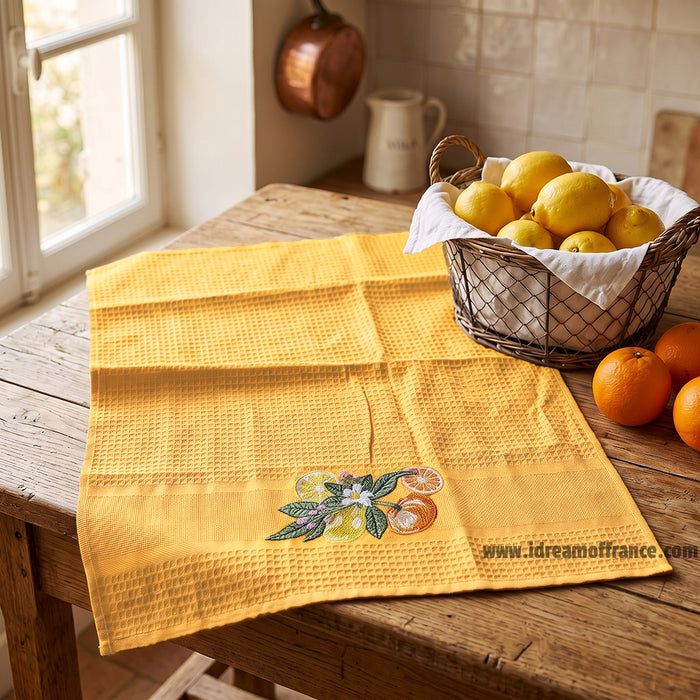 French kitchen towel - Waffle-weave - Embroidered - Lemons & oranges yellow | Cotton Blanc