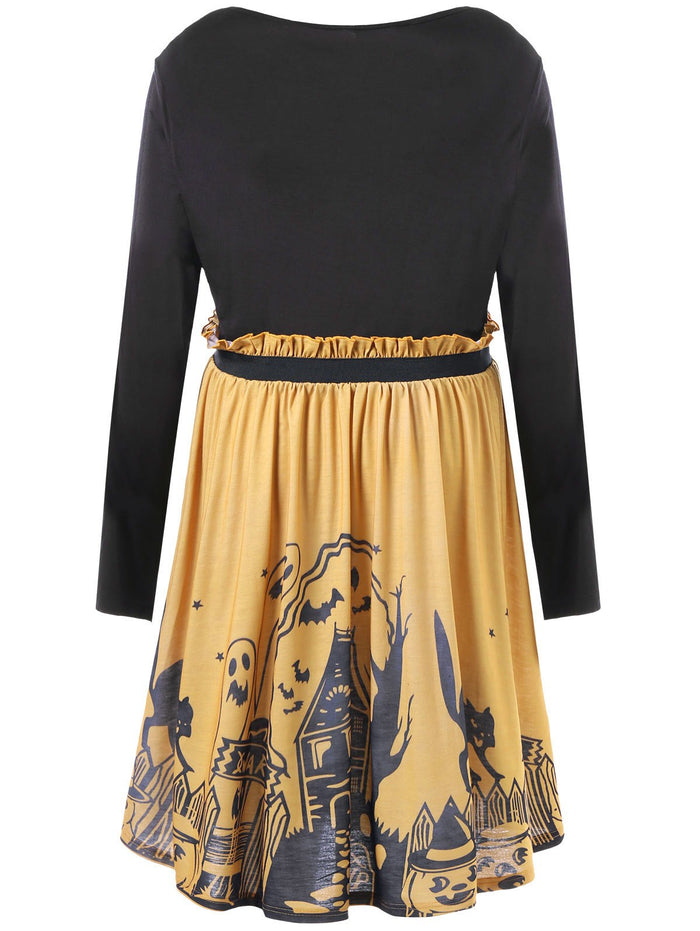 Halloween Flounced Spooky Scene Dress