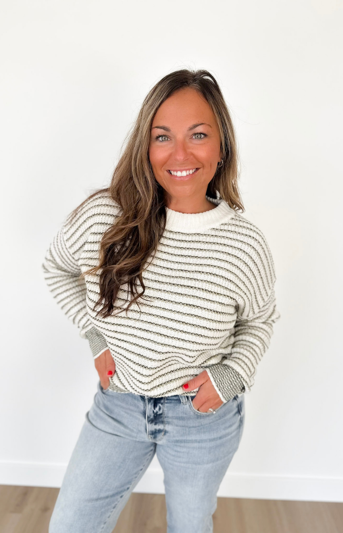 Ivory Knit Green/Grey Striped Sweater
