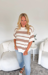Ivory/Brown Striped Short Sleeve Knit Top