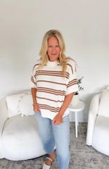 Ivory/Brown Striped Short Sleeve Knit Top