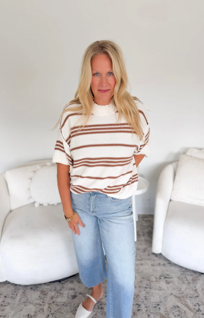 Ivory/Brown Striped Short Sleeve Knit Top