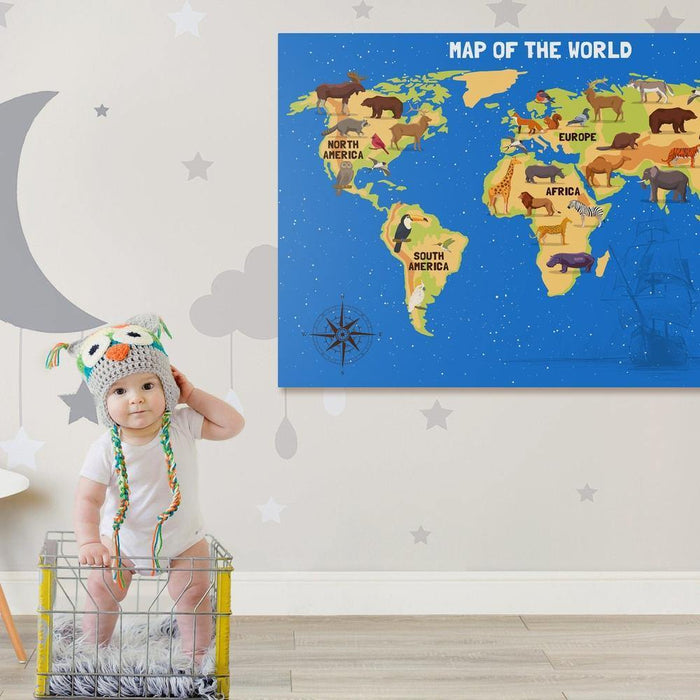 Kids World Map Canvas - Playroom Decor Wall Art - SharpWallArts