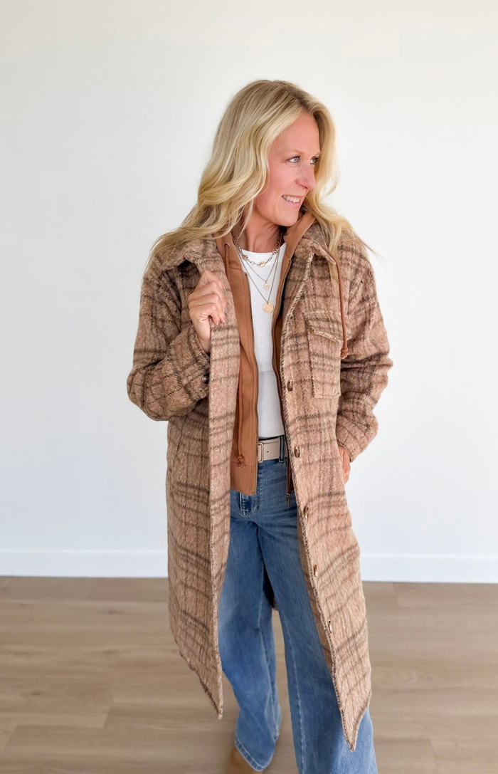 Latte Hooded Plaid Jacket