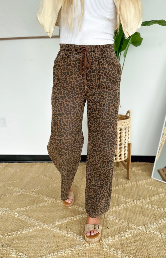 Leopard Drawstring Wide Leg Jeans