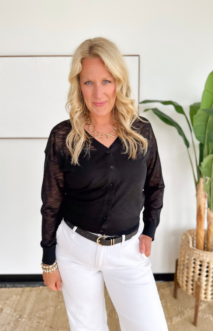 Lightweight V-Neck Button Cardigan-Black